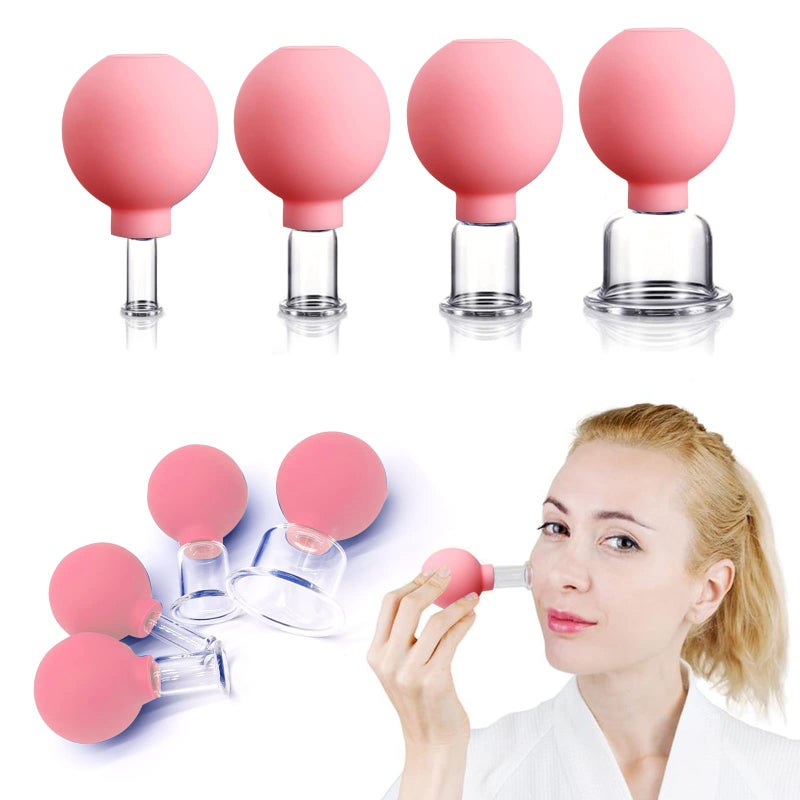 4 PCS Glass Facial Cupping Set Silicone Vacuum Suction Cupping Massage Therapy A Kit For Anti Cellulite Anti Wrinkle and Instantly Ageless Skin For Eyes Face and BodyPink